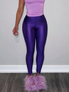 Polyester Light Glitter Leggings Purple Elastic Waist High Stretch Tight Shiny