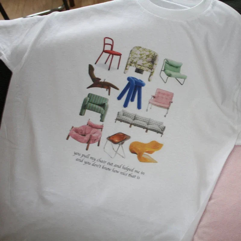 Design Chairs Printed Women Vintage T Shirt Grunge Aesthetic Music Lyrics