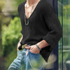 Autumn Men's Clothing Knit T Shirt Solid Color V Neck Long Sleeve Streetwear