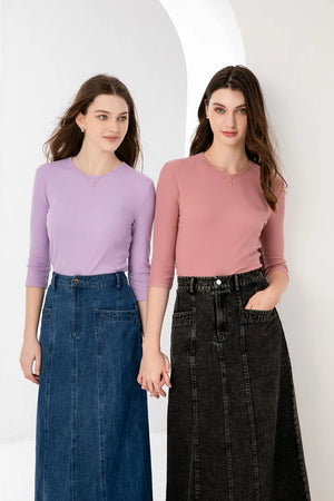 fitting style T shirt 3/4 sleeve V -Neck woman tops high stretch ribbing