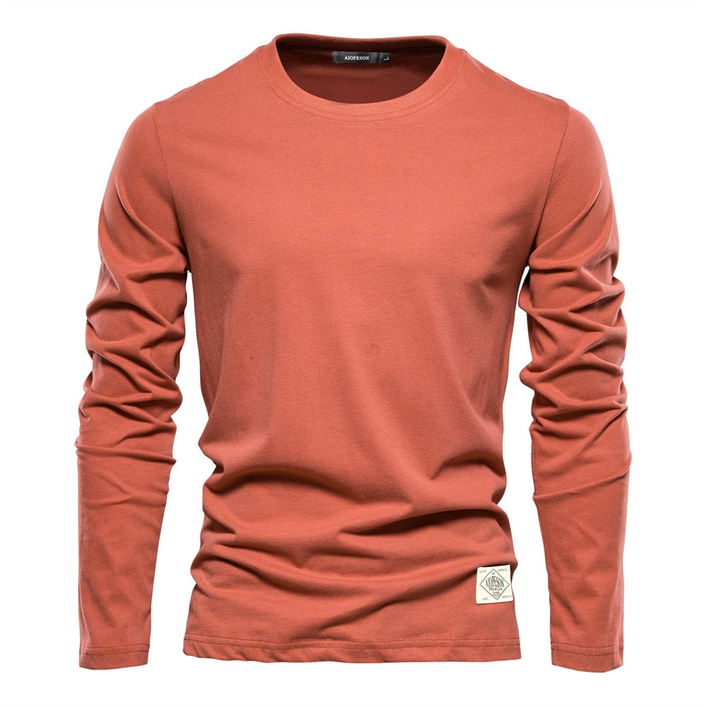 High-Quality 100% Cotton Long Sleeve T-Shirt for Men - Solid Color, Spring Casual Style, Classic Men's Tops