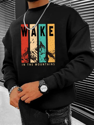 Urban Chic: Men's Crewneck Pullover with Colorful Mountain Range Print - Stylish Comfort