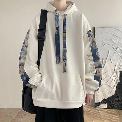 Korean Style Streetwear Men Hooded Sweatshirt Trendy Side Embroidery Design Loose Drawstring