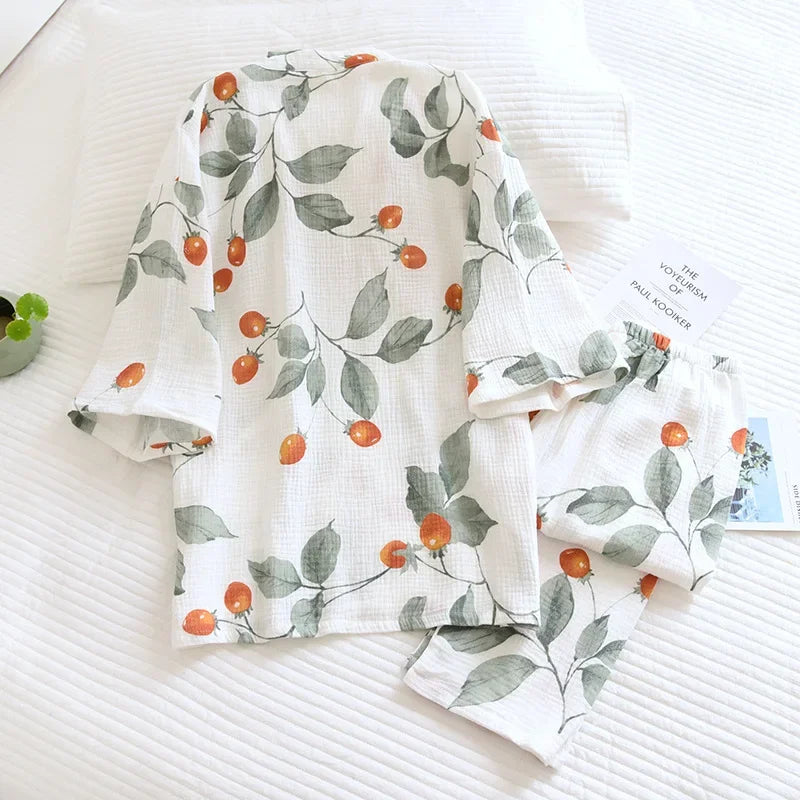 Japanese kimono ladies cotton pajamas two-piece three-quarter sleeve