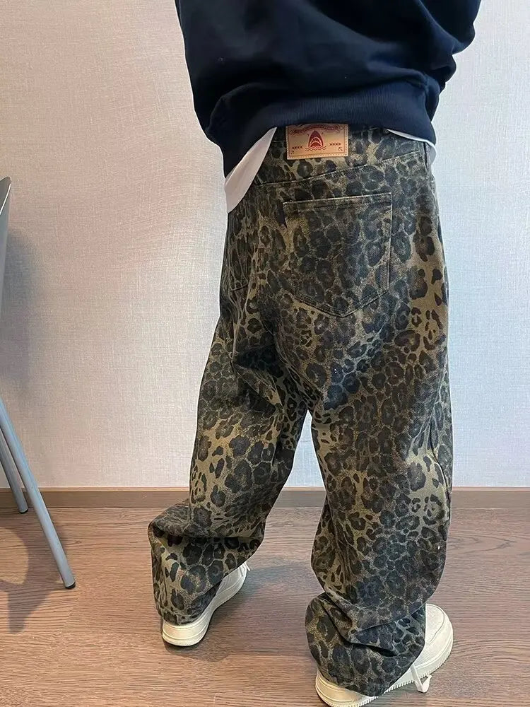Leopard Jeans Men Denim Pants Oversize Wide Leg Trousers Streetwear