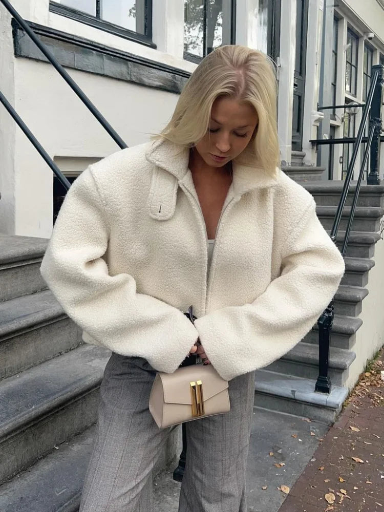 Zipper Lamb Wool Jacket For Women Chic Lapel