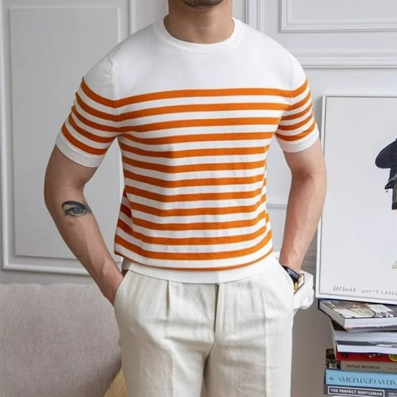Summer Fashion Striped T Shirt Men Casual Slim Fit Short Sleeve O Neck