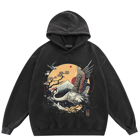 Hip Hop Streetwear Harajuku Japanese Crane Sun Vintage Washed Black Hoodie Sweatshirt Oversized