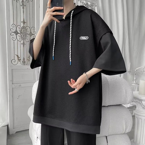 Waffle Hooded Short Sleeve T-shirt Korean Fashion Fake Two Tshirt Y2K Streetwear