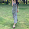 Mesh Print Maxi Dress Summer Sleeveless Lace-up Partywear