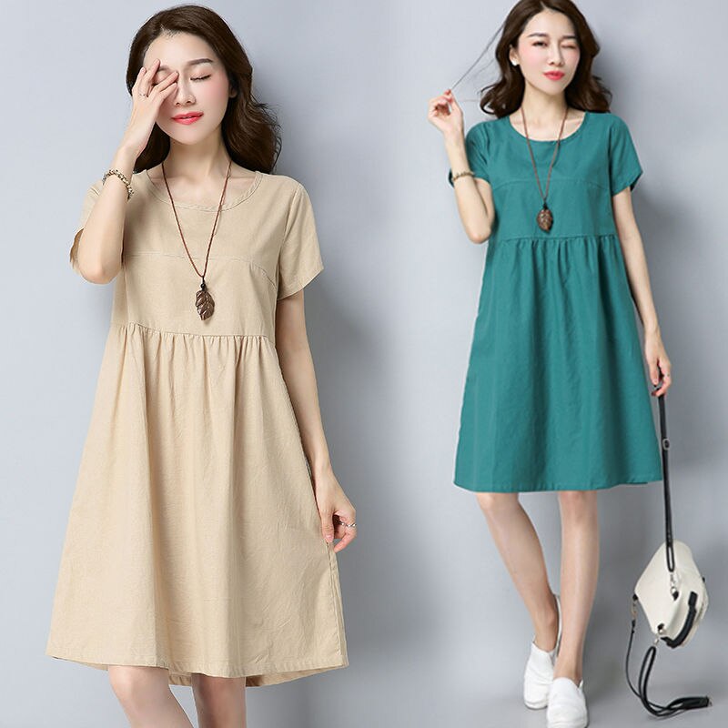 Elegant Round Neck Dresses: Loose, Solid Color with Short Sleeves for Summer