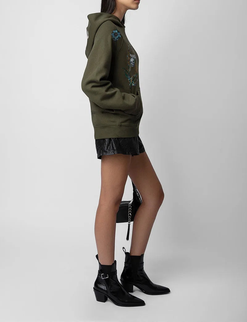 Army Green Flowers Skull Wings Pocket Fleece Pullover Sweatshirt