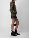 Army Green Flowers Skull Wings Pocket Fleece Pullover Sweatshirt