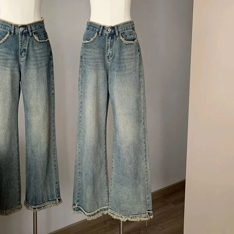 Denim Raw Edge Wide Leg Pants Vintage High Waist Baggy Jeans For Women