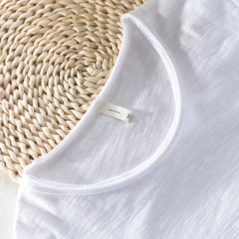 100 Cotton Retro Raw Edge T-shirt Lightweight Breathable Slim-fit