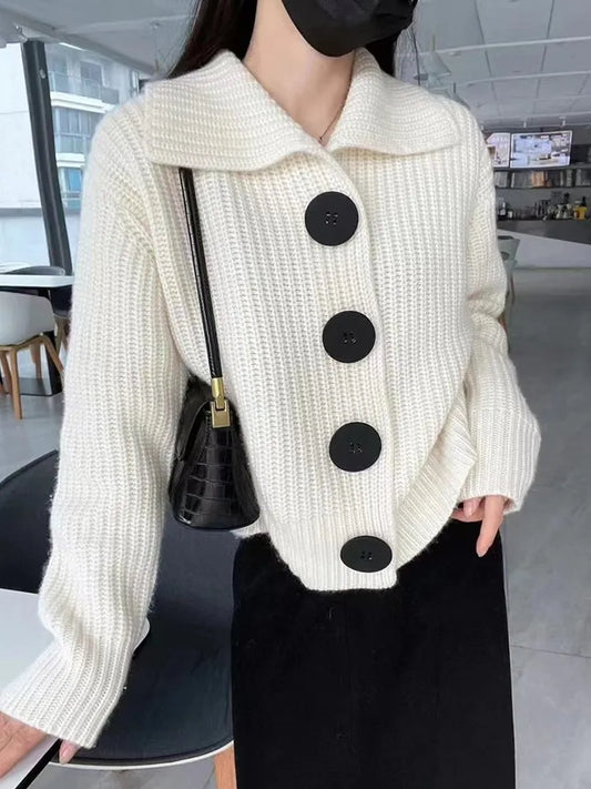 Knitted Cardigan Women's Sweater Chic Collar, Big Button,Thick, Style Korean  for Autumn and Winter