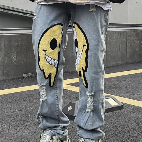 Smiling Face Street Jeans - Trendy Hip Hop Pants for Men