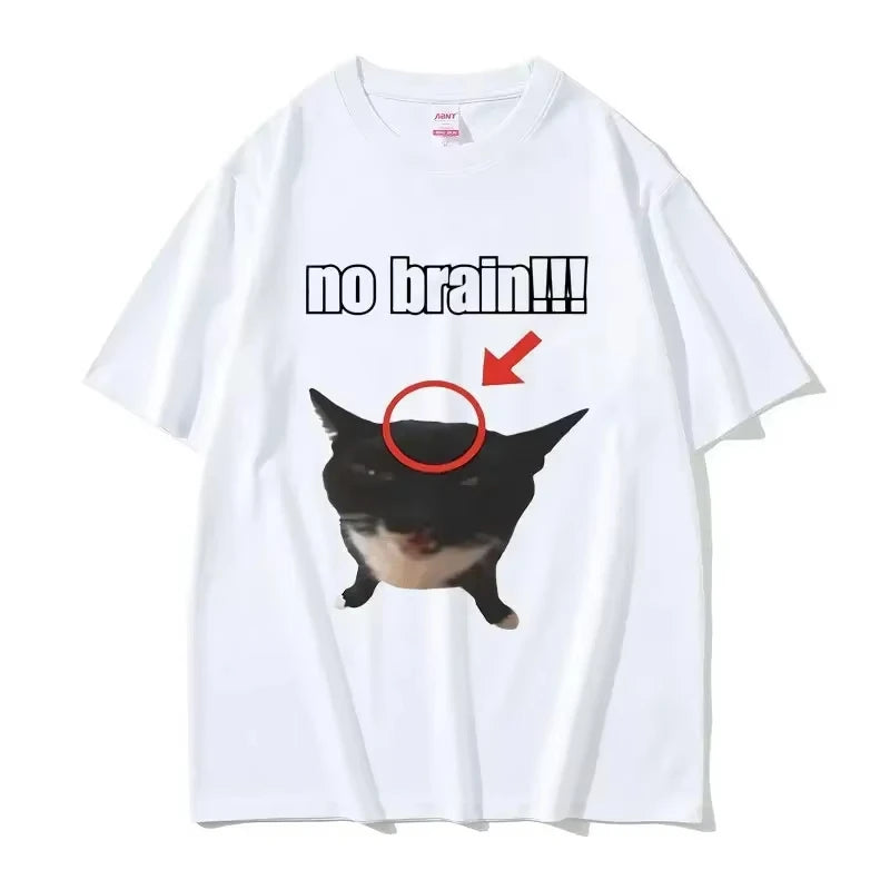 Funny Cat No Brain Tshirt Women Summer Humor Tee Kawaii