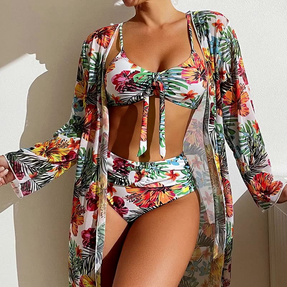 Sexy High Waisted Bikini Three Pieces Floral Printed Swimsuit
