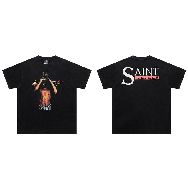 Oversize Men Vintage Tshirt Saint Michael Character Print American Casual