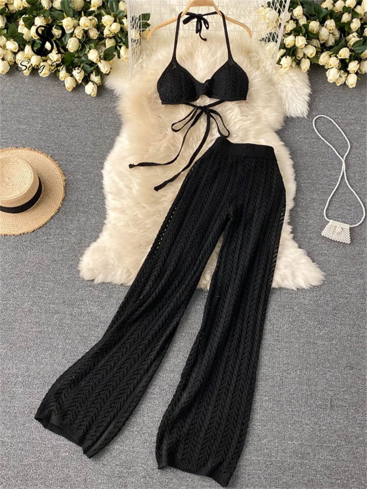 Summer Knitted Set Sexy Hollow Knitted Wide Leg Long Pants