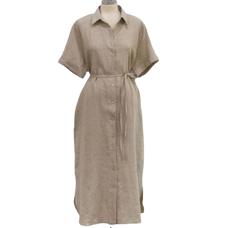 Cotton and Linen Long Dress Fashion Polo Neck Single Breasted Shirt