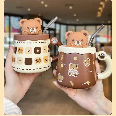 450ml Cute Ceramic Mug with Lid Spoon Breakfast Milk Mugs Juice Cup Lovely Bear