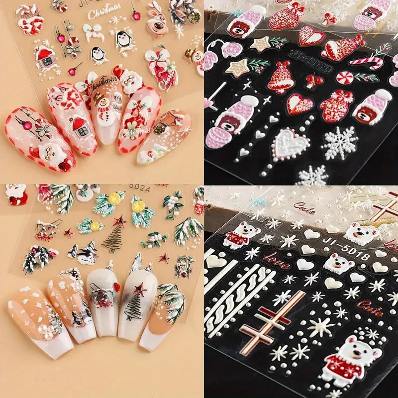 2024 5D Christmas Nail Stickers  Snowflake and Santa Designs