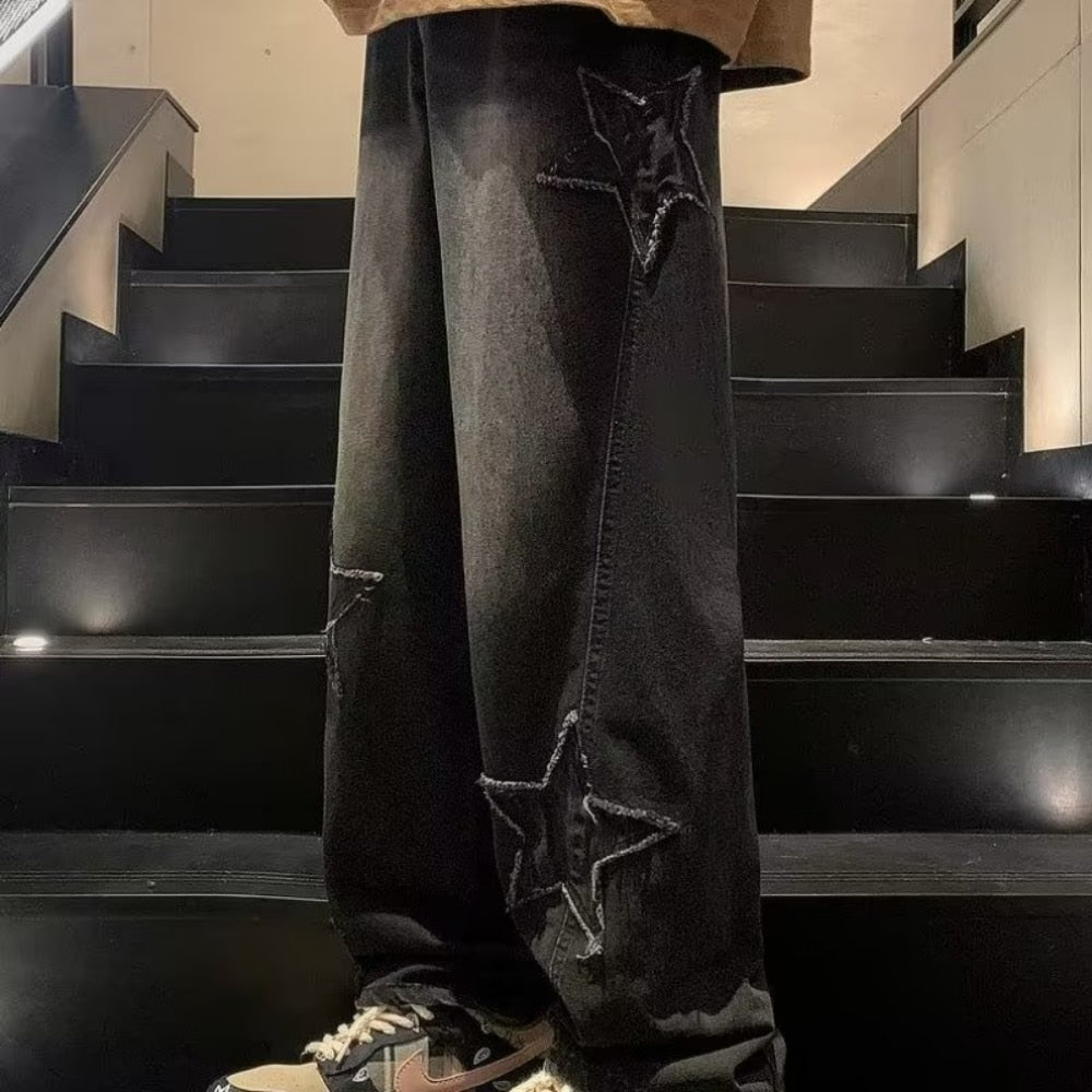 Men's Gothic Neutral Star Embroidery Straight Jeans Denim