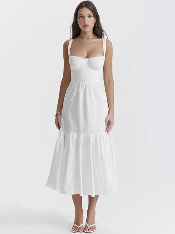Elegant White Midi Dress: Spaghetti Strap Backless A-line Style