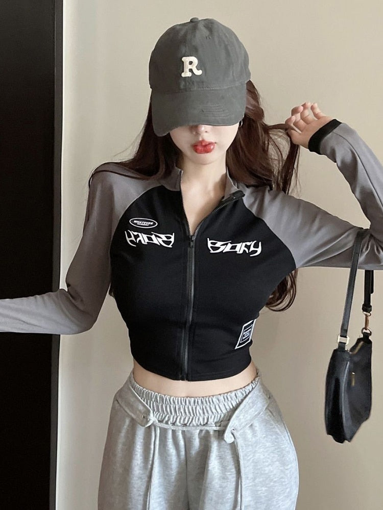 Women's Y2K T-Shirt: O Neck Long Sleeve Vintage Crop Top for Korean Style