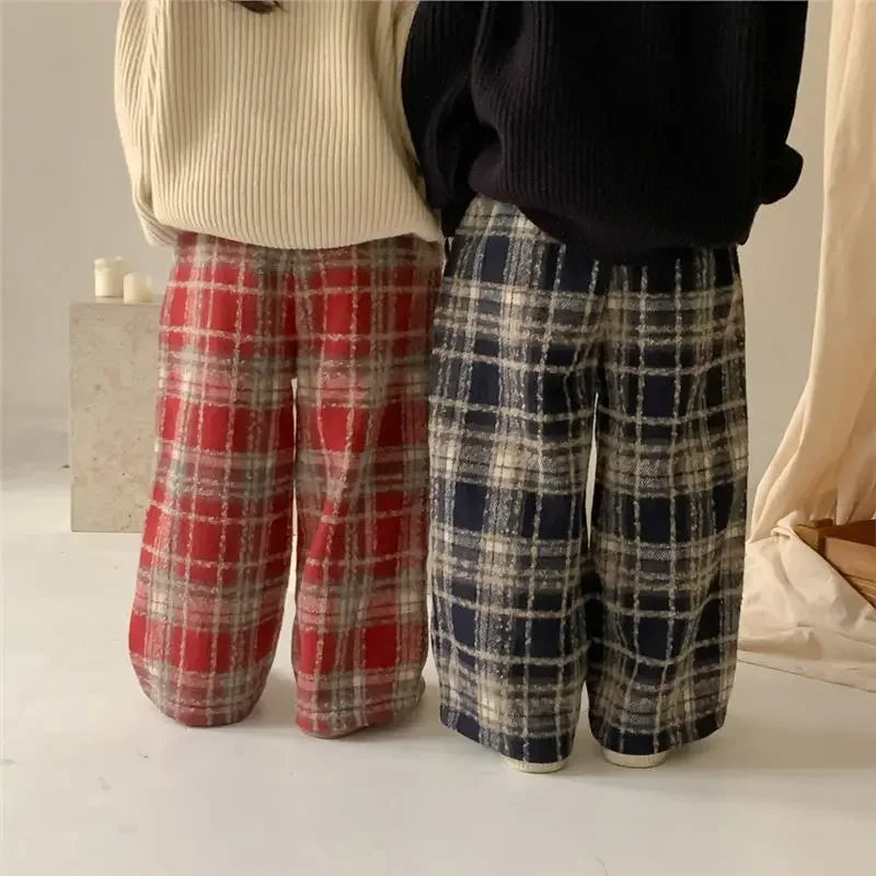 Kids Pants Plaid Printed Wide-leg Pants Winter Clothes