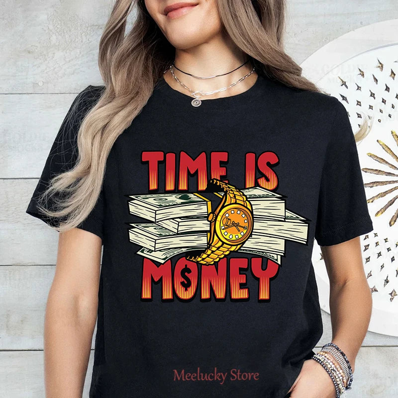 Time Is Money Letter Print Pattern Crew Neck T-Shirt