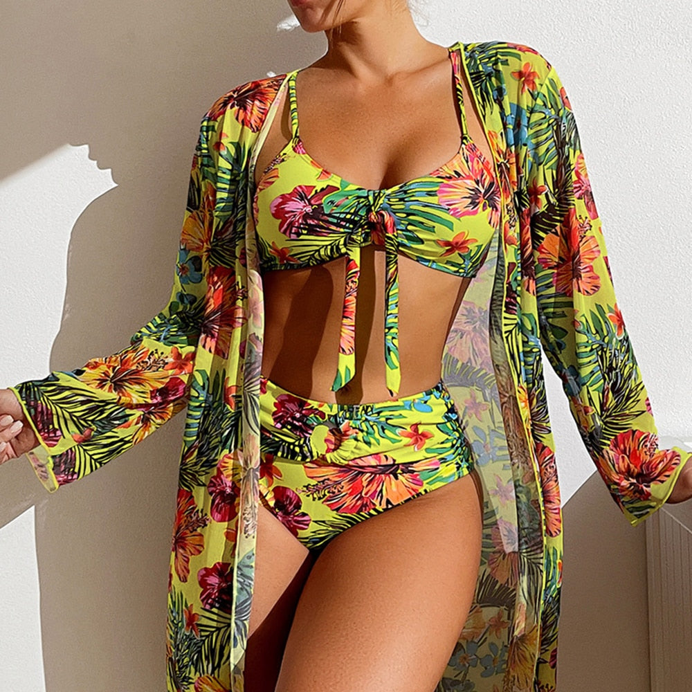 Sexy High Waisted Bikini Three Pieces Floral Printed Swimsuit