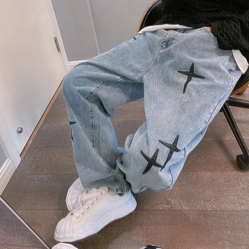 Prints Jeans Men Streetwear Baggy Wide Leg Straight Casual Denim Cargo Pants