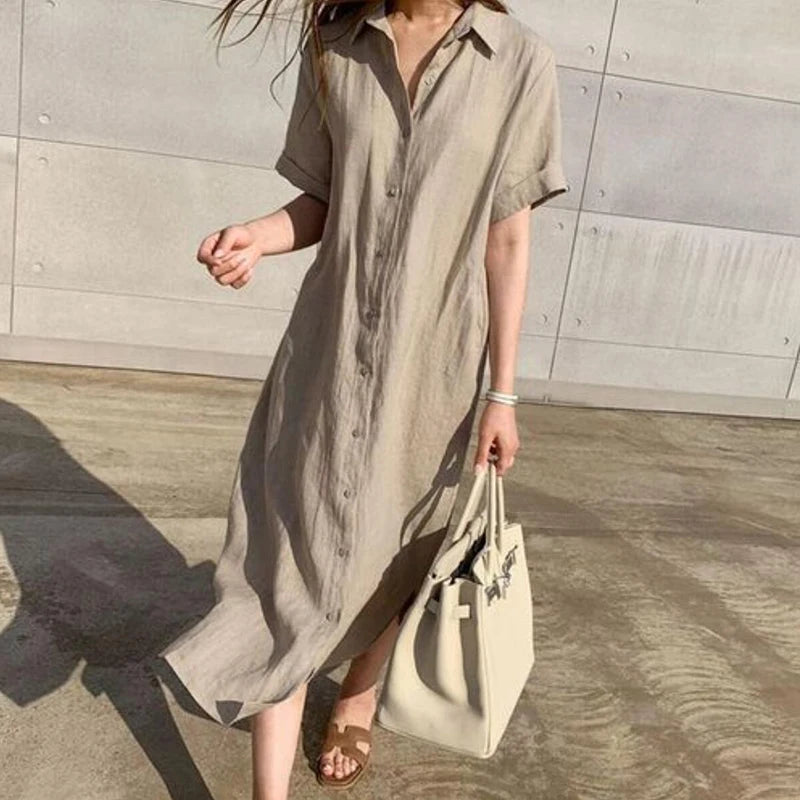 Cotton and Linen Long Dress Fashion Polo Neck Single Breasted Shirt