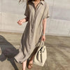 Cotton and Linen Long Dress Fashion Polo Neck Single Breasted Shirt