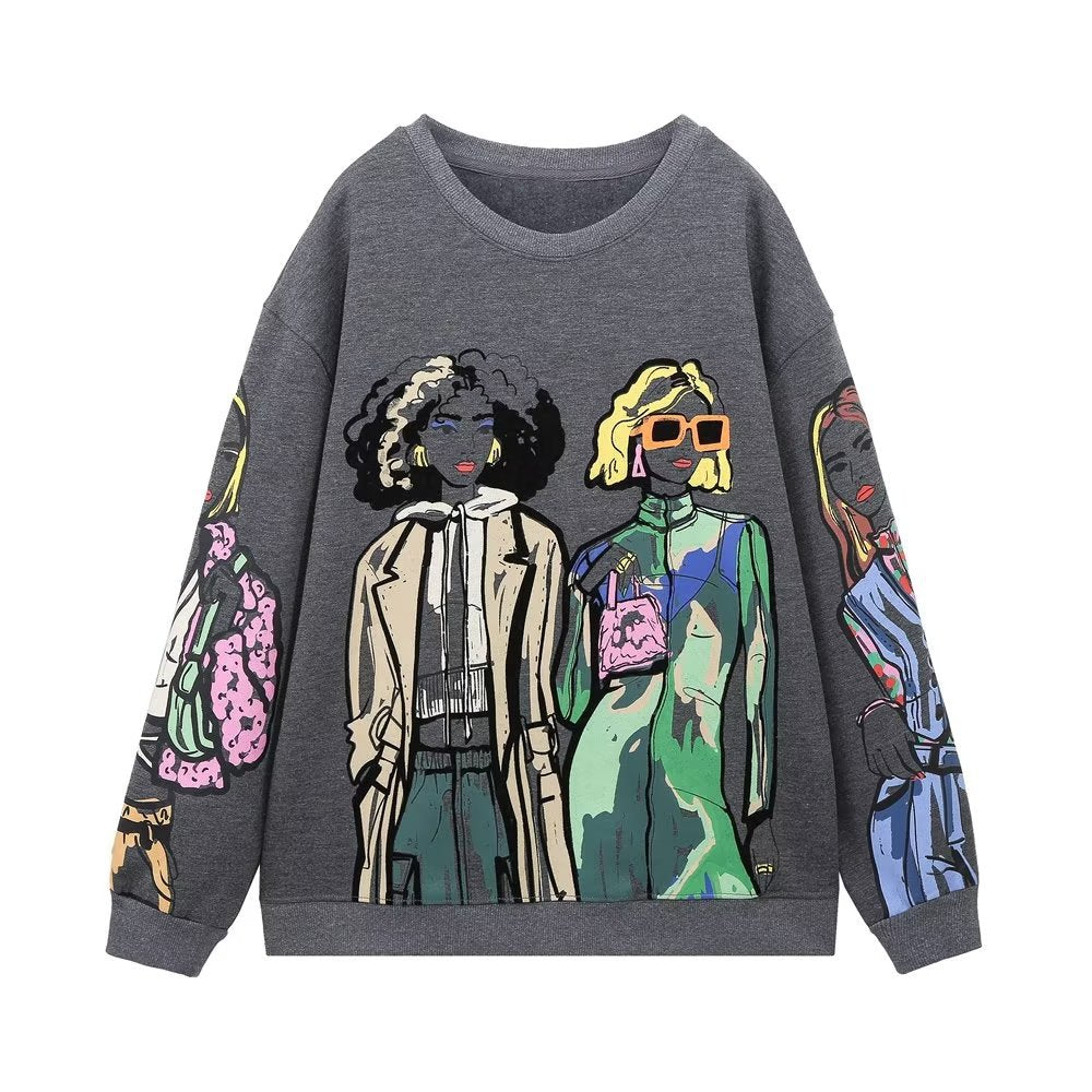 Fashion Cartoon Print Y2K Sweatshirt Women Loose Fleece Stitch Sweatshirts