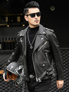 Men's Black Leather Biker Jacket Zipper Belt