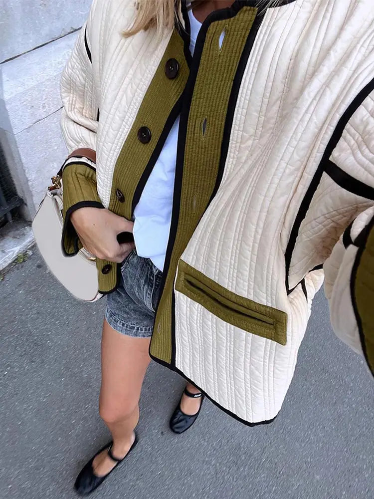 2024 Women Chic Contrast Patchwork Jacket Elegant Lady Chic Outwear