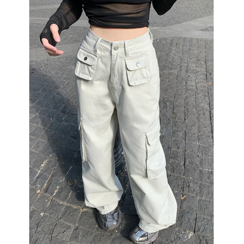 White High Waisted Wide Leg Baggy Jeans for Women Y2K
