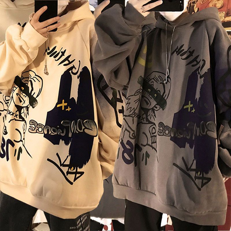 Autumn and winter Korean style trend plus fleece hooded sweater men graffiti