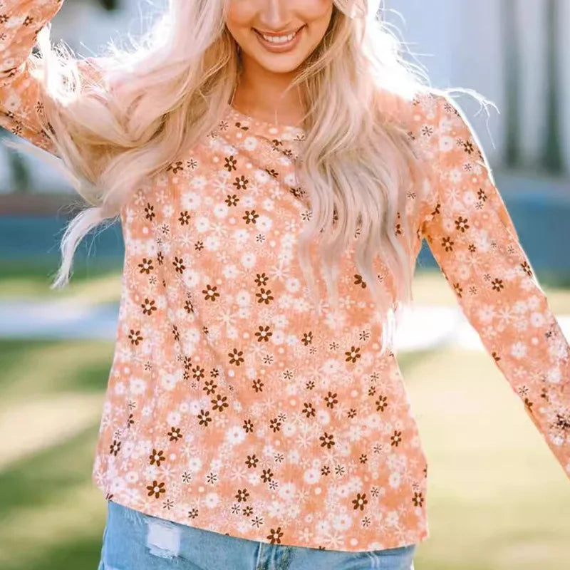 Women's Fashion Yellow Floral Print Long Sleeve Tops Casual Round Neck