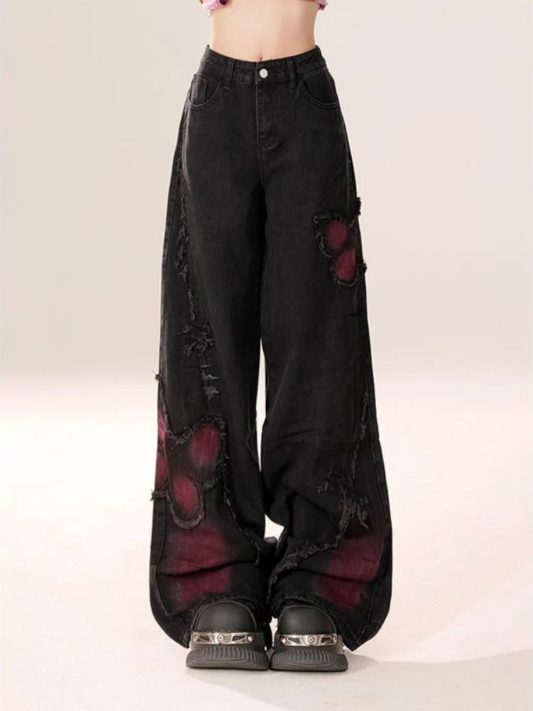 Gothic Goth Butterfly Y2k Jeans Women Retro Vintage