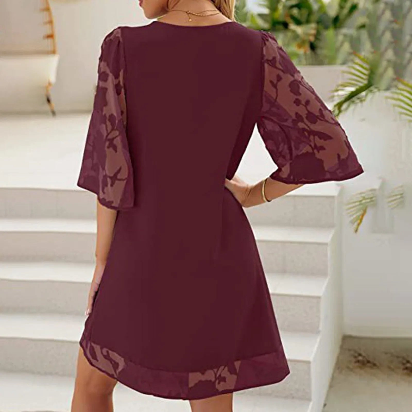 Dress Plus Size Elegant Embroidery Chiffon Lace Half Sleeve Prom Formal Party