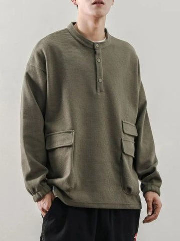 Stylish Men's Solid Top: Green Pullover, Loose-Fitting Sweatshirt