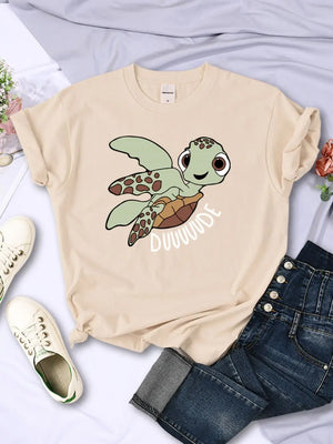 Women T-Shirts Cute Cartoon Turtle Letter Prints Tops O-Neck