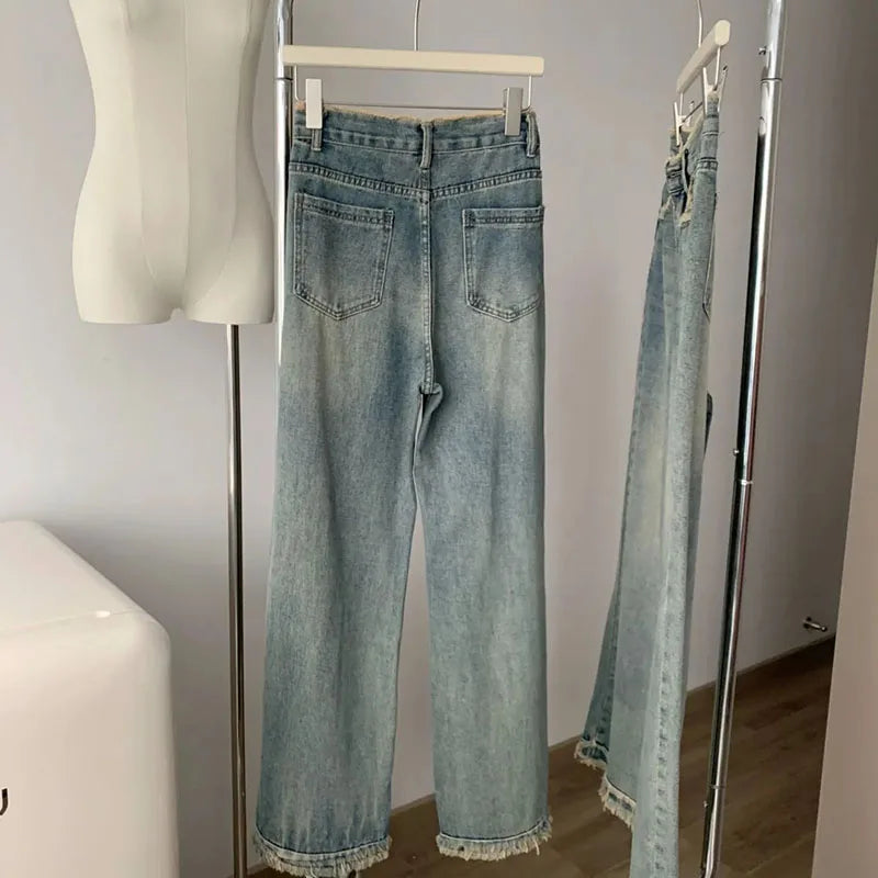 Denim Raw Edge Wide Leg Pants Vintage High Waist Baggy Jeans For Women
