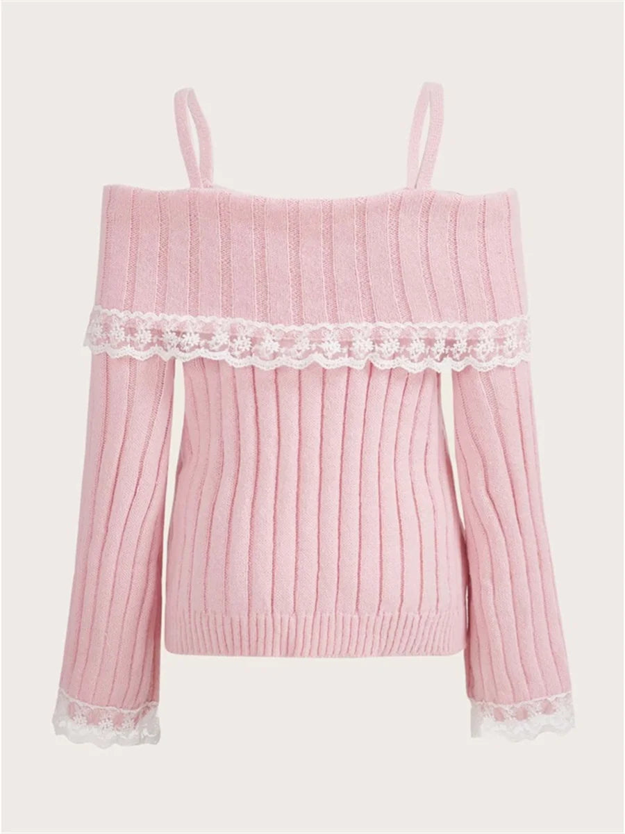 Y2K Off Shoulder Pink Knit Sweater Grunge Streetwear