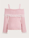 Y2K Off Shoulder Pink Knit Sweater Grunge Streetwear